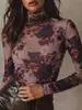Camisa Básica Feminina Europeia e Americana de 2026 com Estampa Floral Retrô, Gola Alta em Tela, Manga Longa, Corte Justo, com um Visual Elegante e Gracioso