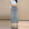 Falda vaquera con forma de pera que cubre la cadera para mujer, de longitud media, talla grande, para personas ligeramente con sobrepeso, de cintura alta, aspecto adelgazante, con abertura, falda de línea A que se ajusta a la cadera