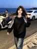 Sudadera con capucha de retazos de color liso y a rayas, cuello redondo, personalidad simple y de nicho, para mujer, otoño e invierno, nueva, holgada, versátil, estilo casual, top