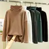 Camiseta de veludo solto de gola alta de manga comprida feminina com gola de pilha interna quente plus size Camisa de base de estilo ocidental grosso outono e inverno Top