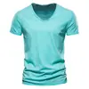 Camiseta Nueva de Verano para Hombre Venta Caliente Transfronteriza Europea y Americana Algodón Puro Manga Corta Algodón de Bambú Color Sólido Cuello en V para Hombre