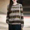 Cárdigan de Punto con Capucha a Rayas Retro para Mujer, Suéter Abrigo Holgado de Bloques de Color, Estilo Perezoso Casual, Abrigo de Otoño