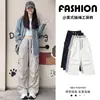 Calça Cargo Feminina com Cordão Colorido Contrastante Nova Coleção Primavera Outono Cintura Alta Multi-Bolsos Caimento Afinando Casual Perna Larga