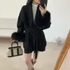 2026 Nueva Bata de Lana de Doble Cara con Cinturón, Abrigo Engrosado, Manga Desmontable de Piel de Zorro para Otoño/Invierno