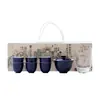 Juego de Té Completo de Cerámica Dinastías Tang y Song Caja de Regalo, Juego de Té Kung Fu para Uso Doméstico, Esmalte de Color Mineral Original, Juego de Gaiwan Azul Jilu