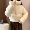 Casaco curto de algodão de inverno com gola grande de pele e capuz para mulheres, cintura alta com elástico na barra, jaqueta de algodão doce e espessa para mulheres baixinhas