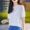 Novo Suéter Gola Redonda Manga Curta Estilo Chinês Nacional Tencel Lyocell Chegada Nova Primavera/Verão 2025 Top Vazado com Botão