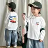 Camiseta de manga larga 100% algodón para niños, cuello redondo, corte holgado, camiseta básica elegante, estilo nuevo, versátil para primavera y otoño, camiseta de cuello redondo