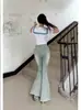 Jeans Acampanados de Cola de Pescado de Tiro Alto Lavados Retro Estilo Americano para Otoño con Dobladillo Crudo Elástico, Corte Delgado, Diseño Hot Girl