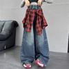 Jeans Retro Americanos con Dobladillo a Cuadros Desmontable en Capas para Niñas, Nuevo Diseño de Otoño Pantalones Rectos Scimitar