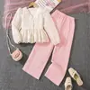 Comercio Exterior Ropa Infantil Primavera Nueva Moda Dulce y Elegante Cuello en V Encaje Ganchillo Manga Larga Top y Pantalones Conjunto para Niñas