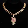 Collar Colgante Flor Rosa Rosa de Venta Caliente Transfronteriza Europea y Americana Aleación Full Diamond Rosa Cadena Cubana Joyería al por Mayor