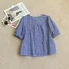Camisa de Verano de Moda Holgada, Camisa Azul de Cuadros Finos de Manga Corta Adelgazante, Estilo Juvenil, Mangas Abullonadas, Versátil