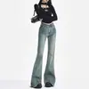 Jeans Flare Pequeno com Senso de Design Vintage Feminino Primavera e Verão Estilo Americano Cintura Baixa Costura Spice Girl Calças Stretch