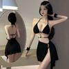 Maiô de Corrente Preto Feminino Biquíni Peça Dividida de Quatro Peças Lindo Costas Maiô Fonte Termal Praia Férias Pescoço Pendurado Sexy