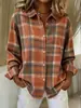 Camisa Casual para Mujer Estilo Europeo y Americano Cuadros Naranja-Marrón Solapa Manga Larga Hombro Caído Holgada Versátil Ropa Exterior Camisa Fuente