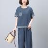 Traje de mezclilla de moda para mujer Verano 2024 Nuevo Madre de mediana edad Casual Delgado Pantalones anchos de ocho puntos Conjunto de dos piezas