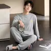 Novo Pijama Masculino 100% Algodão Puro Manga Longa Calça Longa Primavera e Outono Confortável Adolescente Punhos Canelados Conjunto para Casa