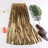Falda 2019 Otoño e Invierno Nueva Delgada Estilo Coreano Cintura Alta Versátil Metálica Reflectante Longitud Media Falda Plisada Línea A para Mujer