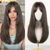 Peluca para Mujer Costura de Cabello en Forma de C Oro Degradado Parcial Cabello Largo Lacio Malla Rosa Gorro para la Cabeza Venta al por Mayor Transfronteriza Fibra Química Flequillo Oblicuo