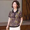 Ropa Nueva de Verano Elegante para Mamás de Edad Media Camiseta de Manga Corta Estampada Versátil Delgada que Adelgaza para Mujer Top que Reduce la Edad