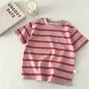Camiseta de Verano Bordada de Manga Corta para Niños Tela de Alta Calidad Algodón Elegante Top Rayado para Niñas