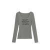 Camiseta Americana Retro de Contrabando Ajustada de Manga Larga para Mujer, Camisa Casual Gris con Cuello en U para Capas, Top de Terciopelo