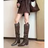 Botas Western Pontudas de Couro Genuíno Vintage, Botas de Cano Alto com Salto Médio para Comércio Transfronteiriço, Botas de Cavaleiro Versáteis com Salto Bloco e Pregas para Mulheres no Outono e Inverno