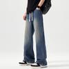Jeans Lavados de Calle Alta Estilo Americano para Hombre Retro Sueltos Rectos Casuales Pantalones Largos Marca de Moda Combinan con Todo Cordón Pantalones de Pierna Ancha