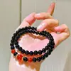 Pulsera Auténtica Estilo Vintage de Calcedonia Roja Natural y Ágata Negra con Múltiples Círculos