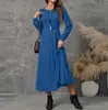 2025 Nueva Moda Femenina Popular de Exportación Europea y Americana Cuello Redondo Manga Larga Color Sólido Casual Falda Larga Vestido de Piel con Raya de Axila