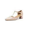 Sandalias cerradas de 4.5 cm estilo socialité elegante, verano 2026, punta redonda, tacón grueso, tira en T, tacones altos, zapatos de moda