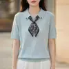 Novedad Primavera Verano 2026 Tejido de Punto Fino de Lana con Cuello Polo Manga Corta para Mujer Camiseta Pulóver Holgada con Corbata