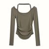 2023 top de manga larga sexy con cuello en U grande estilo ballet de otoño con diseño de cuello halter para mujer, camiseta corta de chica hot