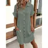 2026 Item Mais Vendido do Aliexpress Wish Amazon: Vestido Camisa de Algodão e Linho Simples de Verão com Decote V e Botões para Mulheres