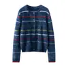Cárdigan de Punto Rayas Color-Block Retro, Nuevo Suéter de Cachemir 100% Puro Cuello Redondo Otoño/Invierno, Abrigo Cálido de Corte Holgado
