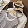 Moda Coreana de Moda Empalmado Falso Dos Piezas Terciopelo Tencel Lana Cuello Redondo Elástico Aspecto Adelgazante Camiseta Interior Camiseta