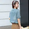 Foto Real de Artículos en Stock: Chaqueta de Mezclilla de Manga Corta con Diseño Retro Ajustada Estilo Coreano Nuevo para Mujer, Azul, Otros Colores Disponibles