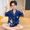 Pijama infantil novo de seda gelada para o verão, cardigã infantil de desenho animado, shorts de manga curta, para crianças de porte médio e grande, vestuário doméstico, atacado