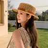 Cinturón de Cuero Retro Británico Sombrero de Paja de Copa Plana Sombrero de Punto para Vacaciones para Mujer Transpirable Protección Solar Sombrero de Paja para Primavera y Verano