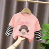 Camiseta de Moda Holgada con Parches de Dibujos y Rayas para Niños Mayores, Nueva Camiseta Básica de Primavera y Otoño para Niños, Manga Larga para Niñas