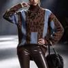 Suéter de tricô patchwork com estampa de leopardo transfronteiriço europeu e americano para mulheres, novo suéter casual de gola alta solto para outono e inverno, pullover vintage casual