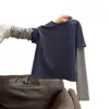 Camiseta de Manga Larga Rayada Azul Marino Retro Americana Falsa de Dos Piezas para Mujer 2025 Otoño e Invierno Nueva Superior Delgado y Holgado