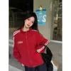 Moletom Casual Coreano com Gola Alta, Design de Três Listras para Mulheres no Outono e Inverno, Visual Solto Emagrecedor, Jaqueta Cardigan com Zíper e Forro de Lã