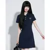 Vestido de Algodón Puro con Cuello Polo Acanalado para Mujer, Camiseta de Manga Corta de Longitud Media, Top de Verano Ceñido a la Cintura