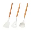 Espátula de Silicona con Mango de Madera, Juego de Tres Utensilios de Cocina, Juego de Cucharas para Sopa, Espátula para Bistec Antiadherente, Utensilios de Cocina Modernos y Sencillos