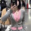 Suéter Chique de Patchwork Falso de Duas Peças Estilo Coreano para Mulheres, Curto para Primavera e Outono, Design Slim-Fit Top Camisa Básica Tricotada