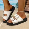 Sandalias de Jean Versátiles de Talla Grande sin Cierre con Hebilla de Cinturón para Mujer, Nuevas Pantuflas Planas Verano 2025 para Uso en Exteriores