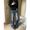 Jeans a rayas estilo americano de calle para hombre, pantalones de moda otoño/primavera con tres rayas, pantalones de pierna recta ligeramente acampanada lavados
