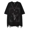 Camiseta Corta de Manga Corta Rasgada Estilo Americano de Moda Marca High Street para Hombre Personalizada a la Moda Hip-hop Camiseta Básica de Media Manga con Cadena Neutra